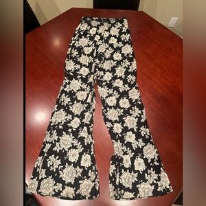 Brandy Melville Black and Cream Floral Wide Leg Pants